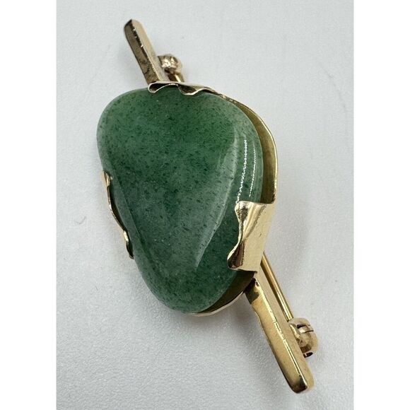 Vintage 14k Yellow Gold Polished Natural Shape Jade Brooch Pin Estate Jewelry - Picture 5 of 12